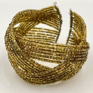 Vintage Boho Gold Tone Seed Bead Multi-Strand Memory Wire Cuff Bracelet
